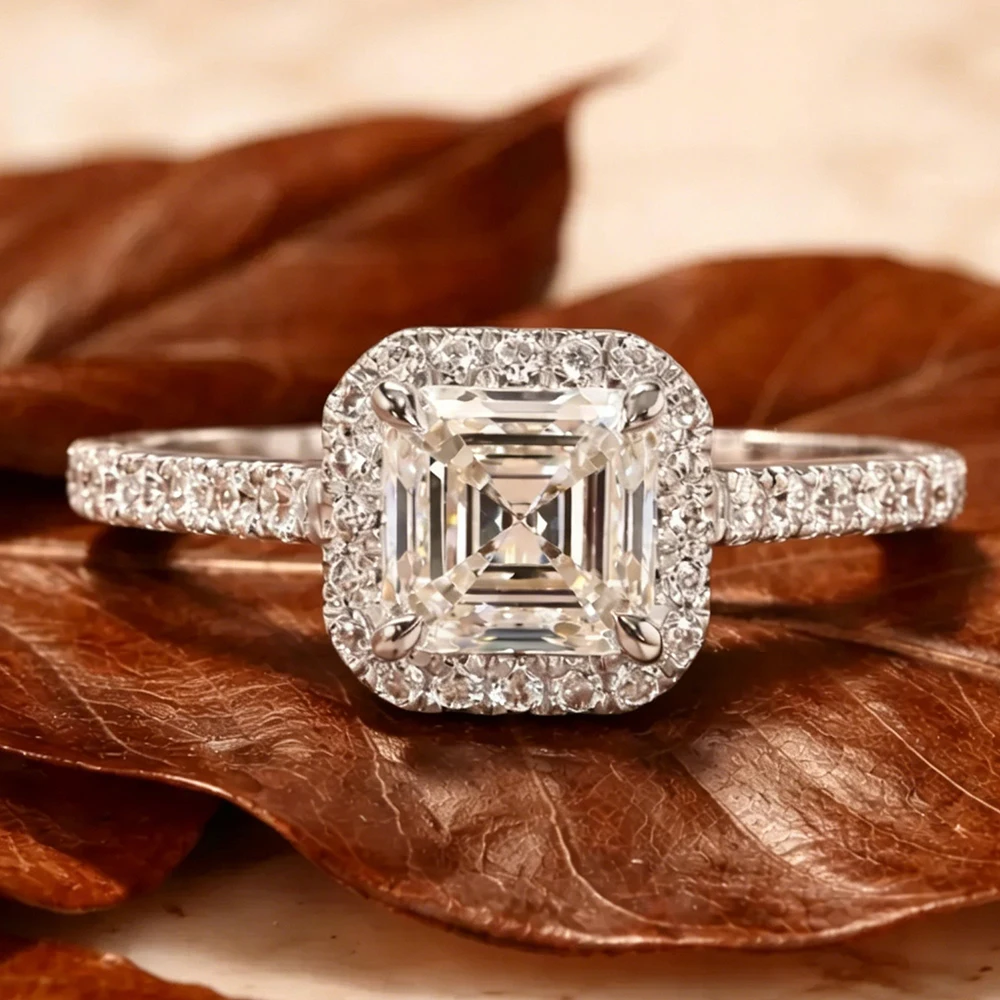 

2CT Asscher Cut Moissanite Engagement Rings for Women Sparkling Halo Lab Diamond S925 Silver Wedding Band Jewelry Party Gifts
