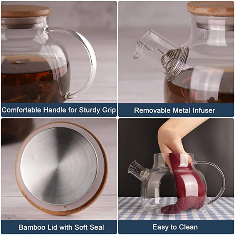 YMEEI 1L Large Capacity Borosilicate Glass Teapot Heat Resistant Clear Water Bottle Filters Flower Teapot With Bamboo Lid