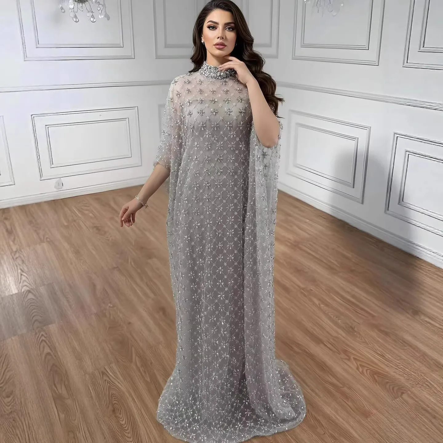 Grey Nude Diamond Beaded Evening Dress Trumpet Mermaid