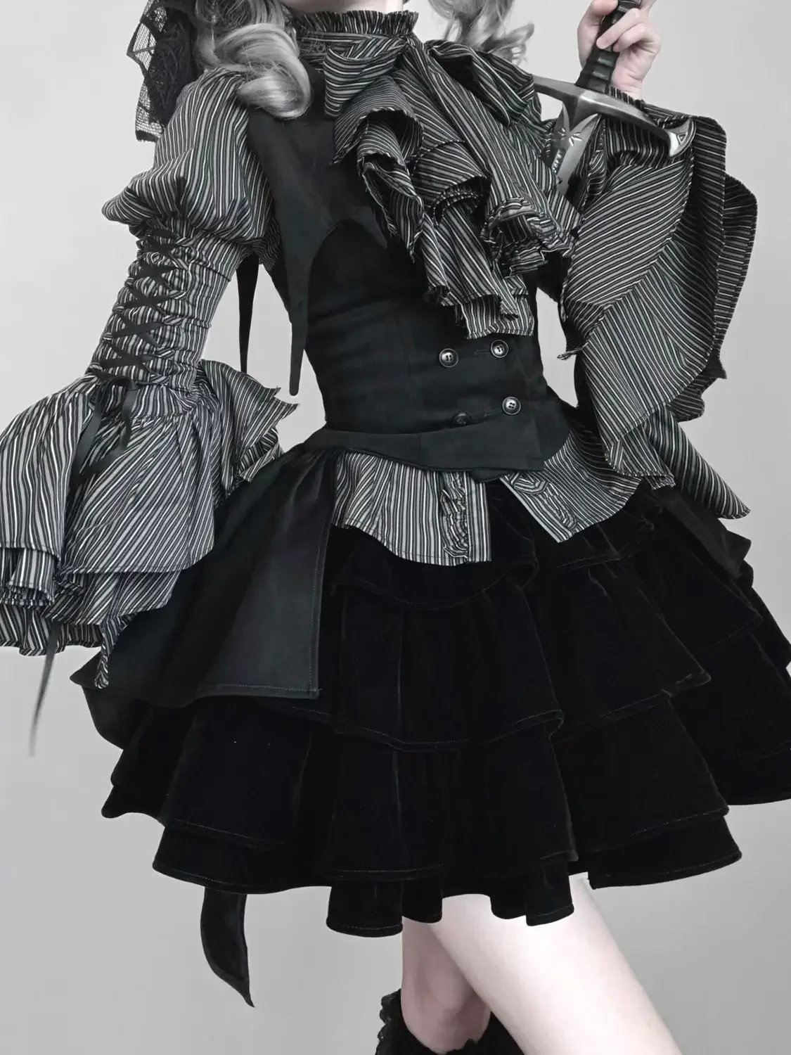 Gothic Style Striped Print Blouse + Skirts Sets Bandage Autumn Spring Long Sleeve High Waist Lolita Patchwork Cake Skirt Suit