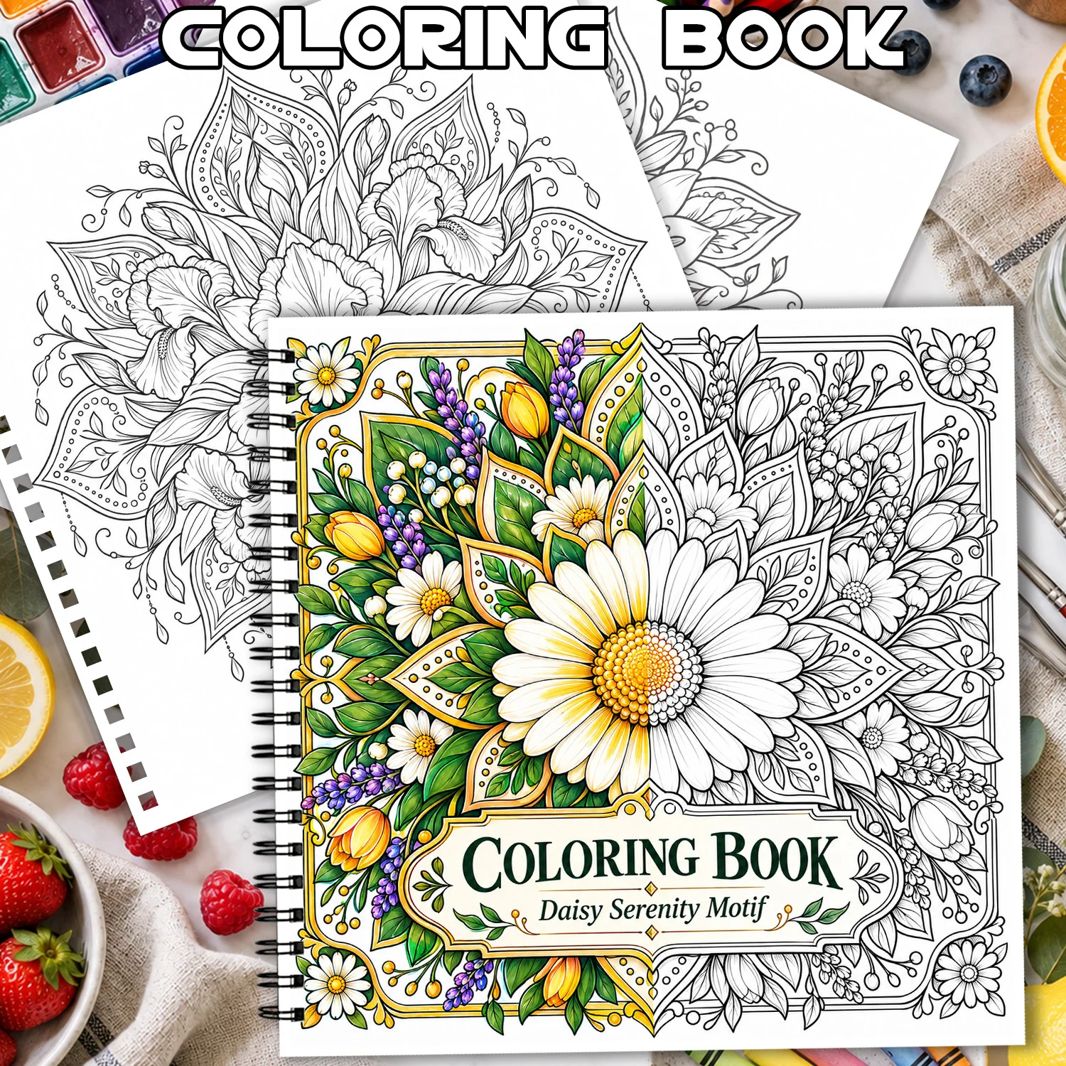 Spiral Binding Coloring Book Daisy Serenity Motif 24 Pages Adult Teen Art showcasing creativity relieving stress Mandala Design