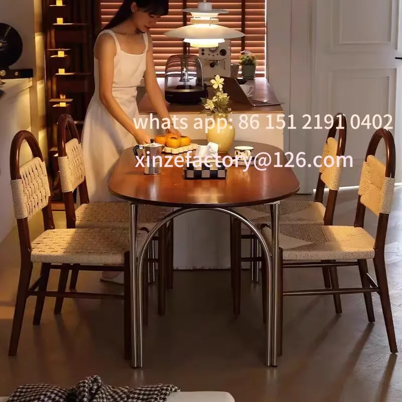 Customizable French medieval dining chair rope woven solid wood chair retro living room home woven backrest casual makeup chair