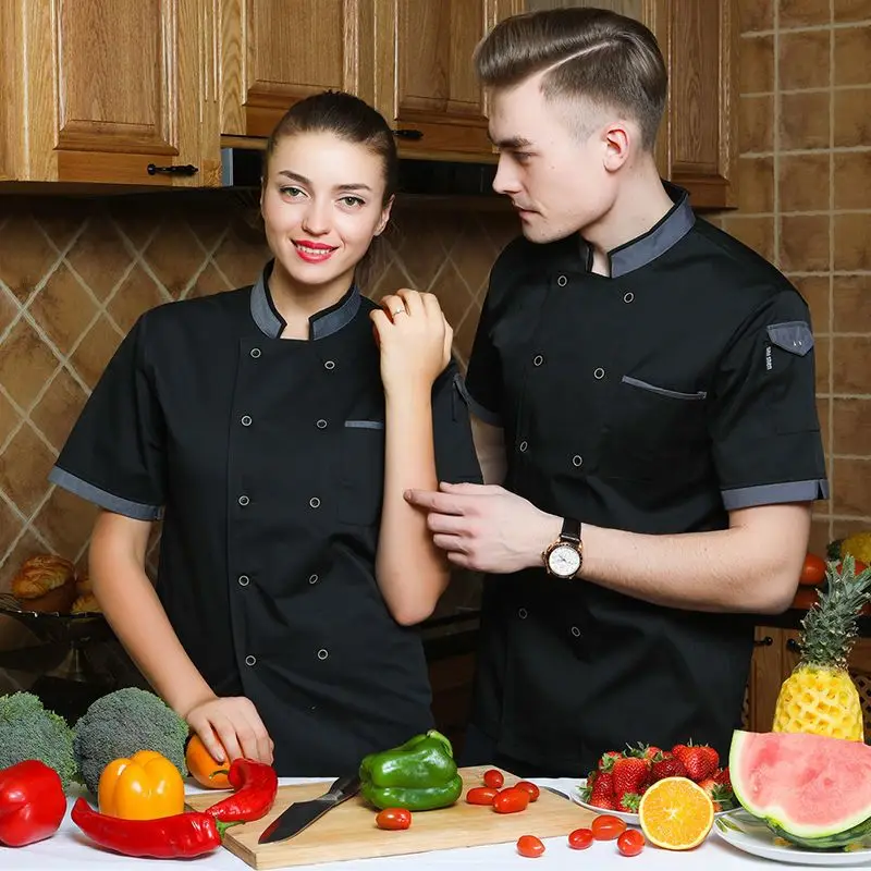 Weiß Männer Chef Jacke restaurant Bäckerei Lebensmittel Service Kurzarm Atmungsaktive Zweireiher koch uniform Kochen mantel Freies logo