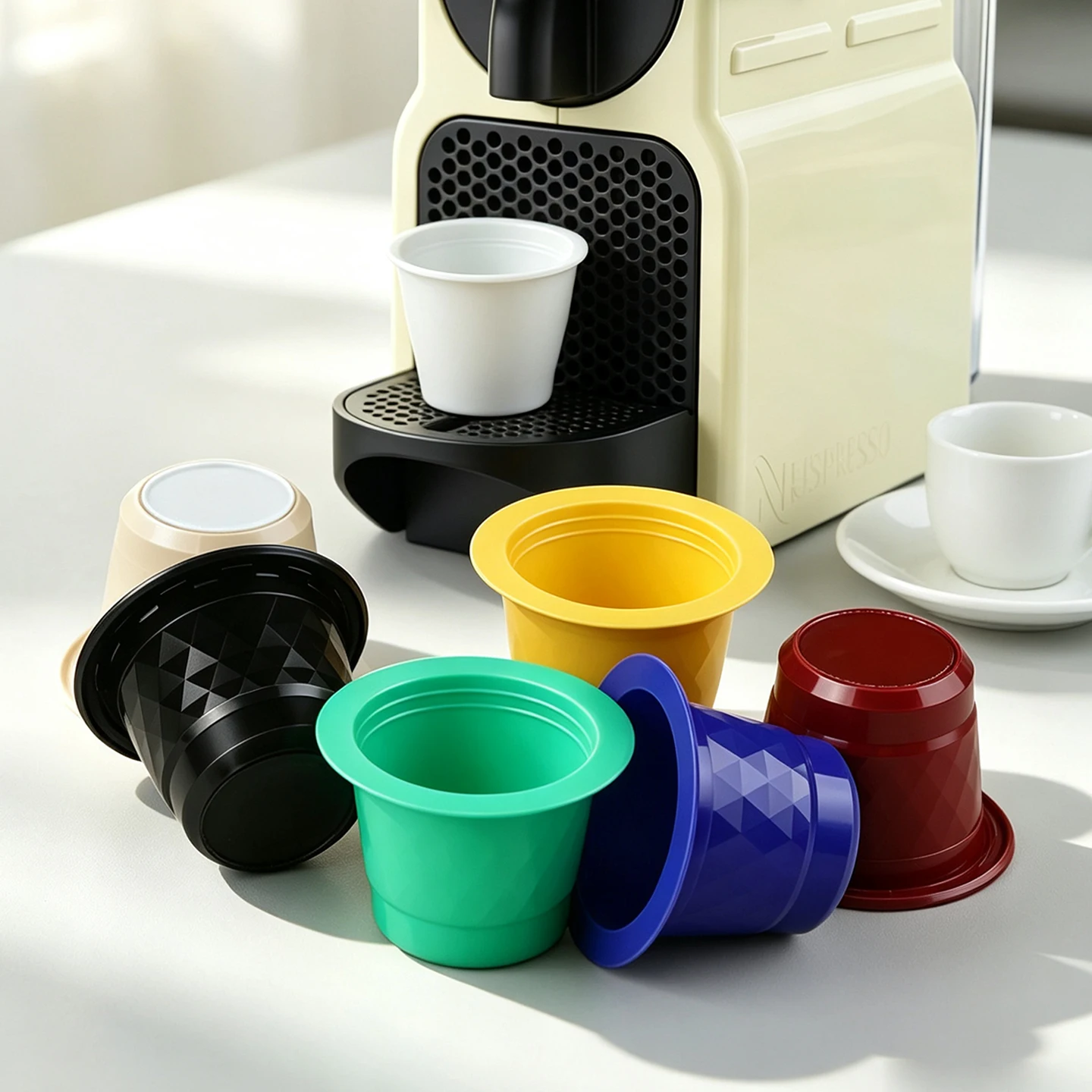 Disposable refillable plastic espresso capsule shells. Empty cups for self-filling coffee grounds.