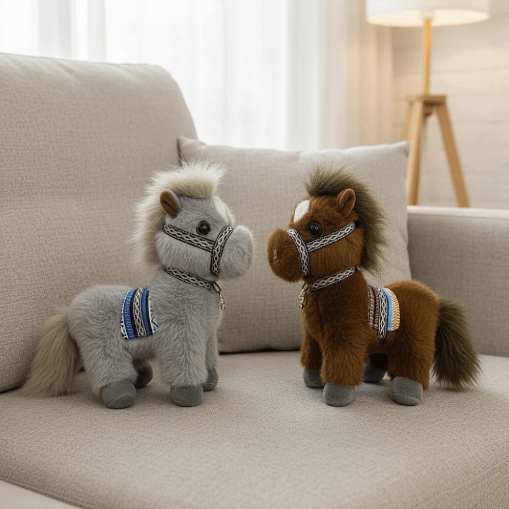 柔らかい新年のマスコット、長い毛並みの漫画風リアルなディテールのぬいぐるみ、立っている馬のぬいぐるみ、心地よい馬のぬいぐるみ、中国風