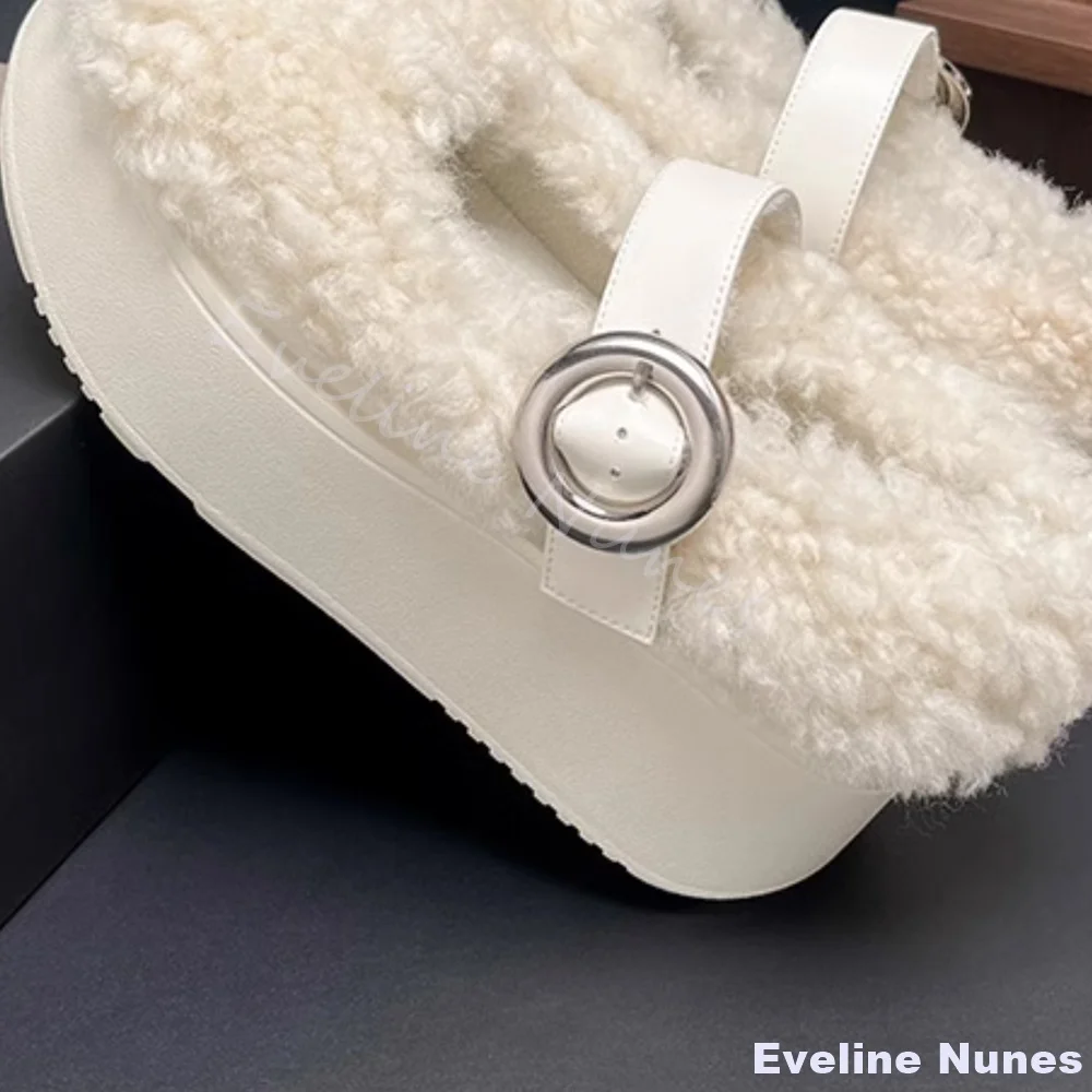سميكة سوليد امبسوول الصوف الدافئة ماري جين أحذية النساء جولة تو جوفاء كلمة واحدة حزام فروي أحذية جديدة بيضاء عدم الانزلاق لطيف الأحذية