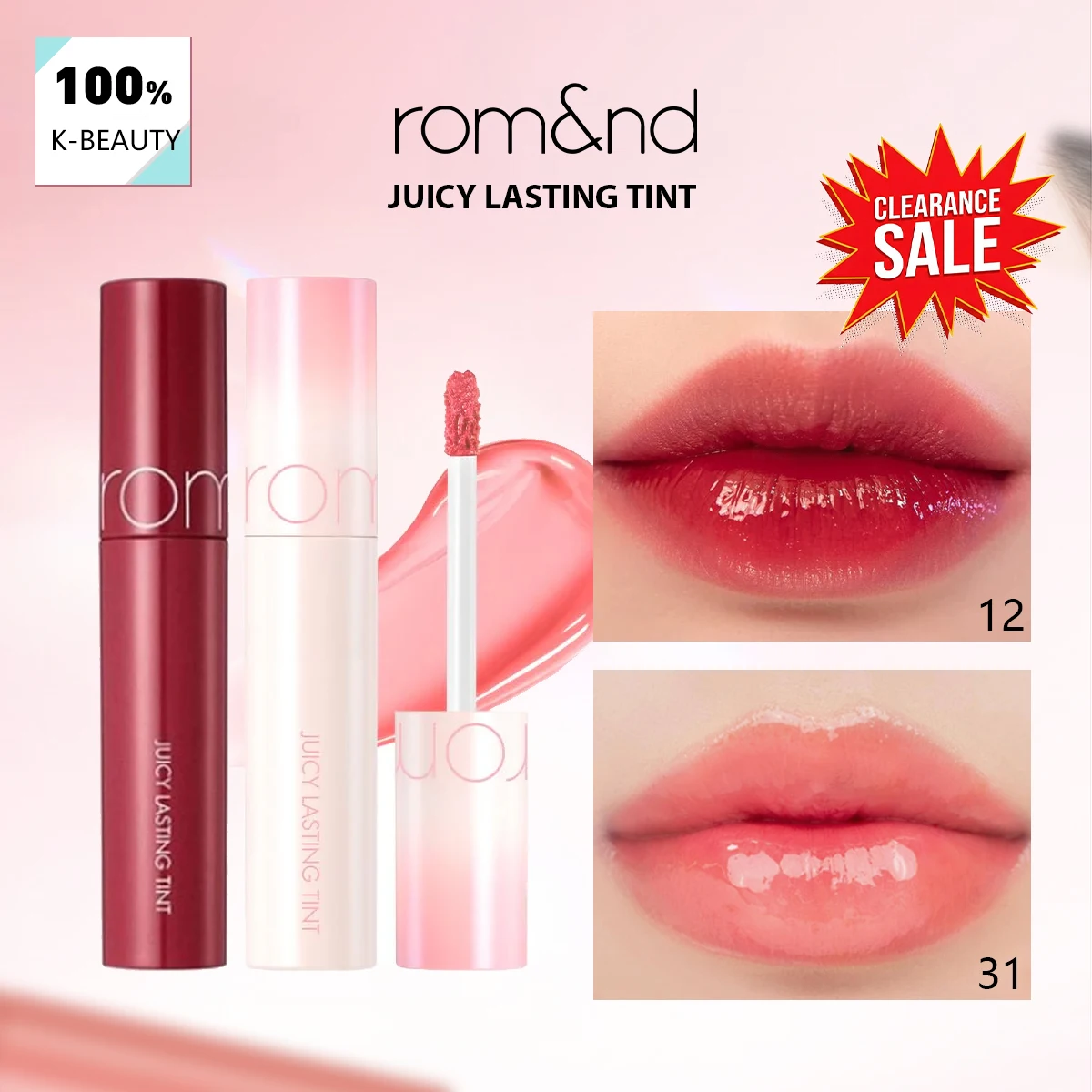 [Liquidación] rom&nd JUICY LASTING TINT 12&31, Efecto de Alto Brillo y Acabado Brillante, No Pegajoso y Ligero, Cosmético Coreano, Maquillaje Coreano