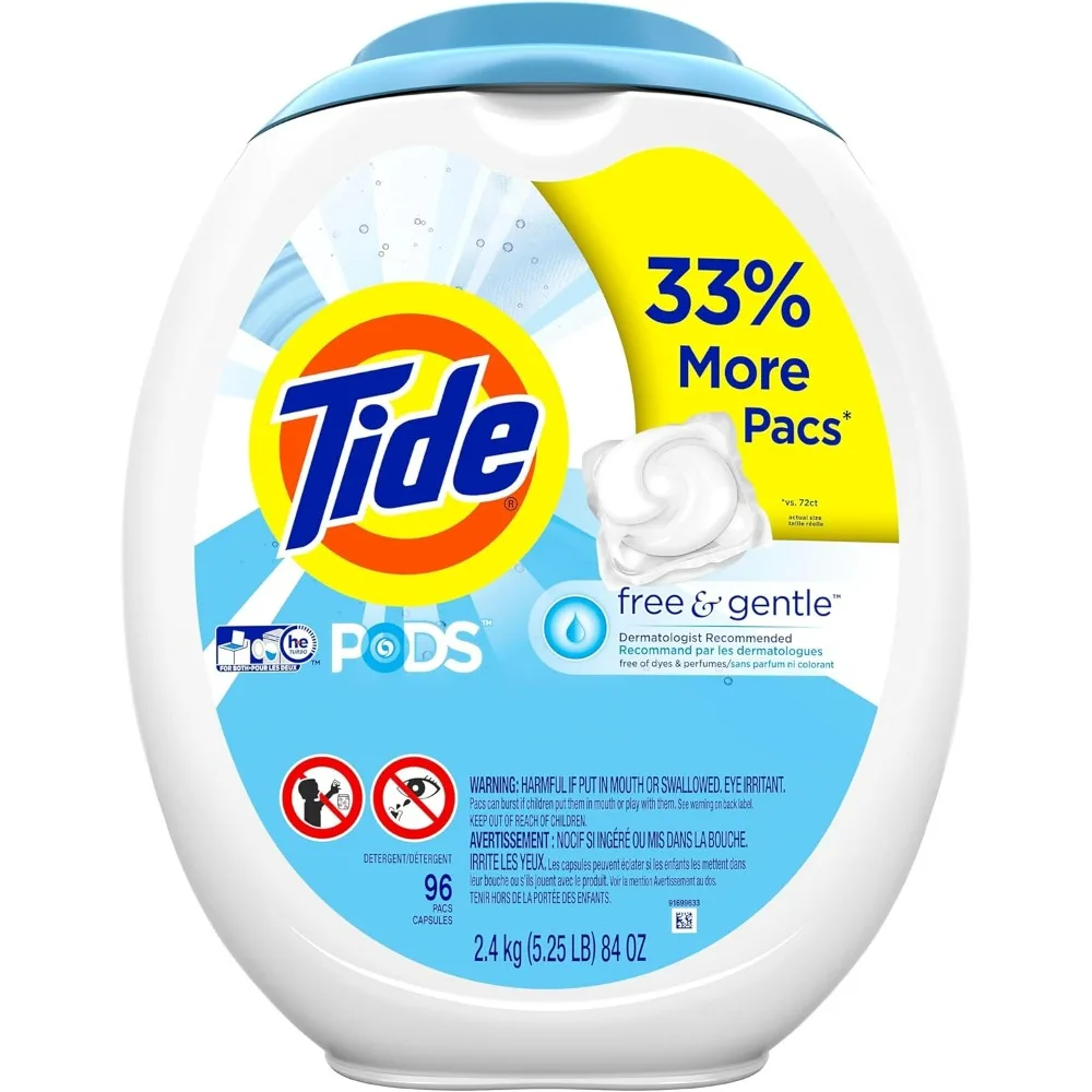 

Капсулы для стирки Tide PODS Free and Gentle, 96 штук, без запаха, гипоаллергенные, совместимые с HE, без красителей и отдушек.