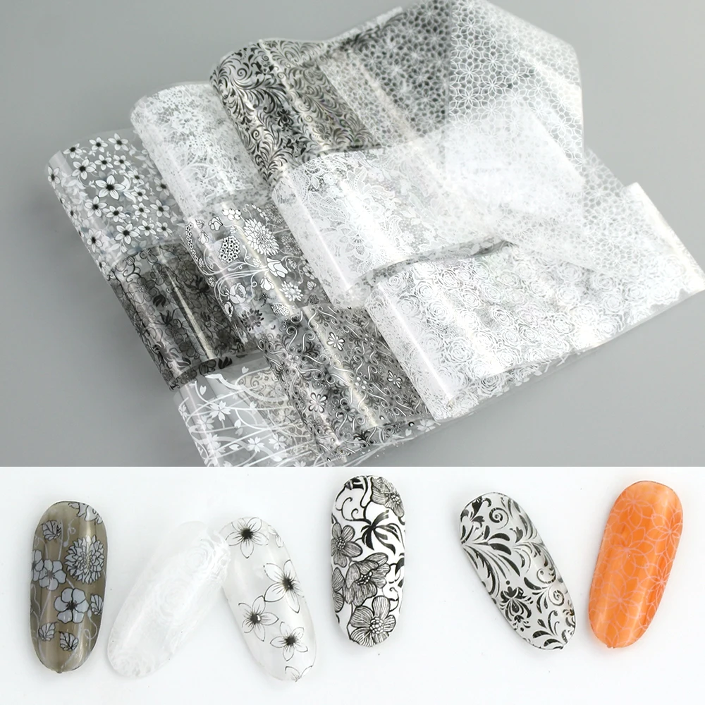 10 قطعة مسمار الفن احباط نقل صائق مجموعة ملصقات الأظافر المجسم خمر الدانتيل مزيج تصميم DIY بها بنفسك مانيكير الديكور يلتف #1