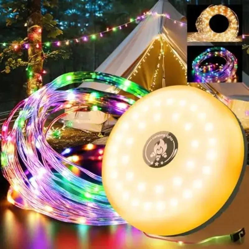 LED Camping Lantern with 10M String Lights Rechargeable Magnetic Tent Light Portable Emergency Lamp for Travel Fishing