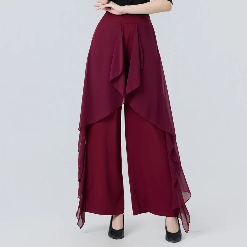 Modern Dance Hosen Frauen Latin Hosen Neue High-Waist Rüschen Breite Bein Hosen Nationalen Standard Hosen Ballroom Dance kostüme