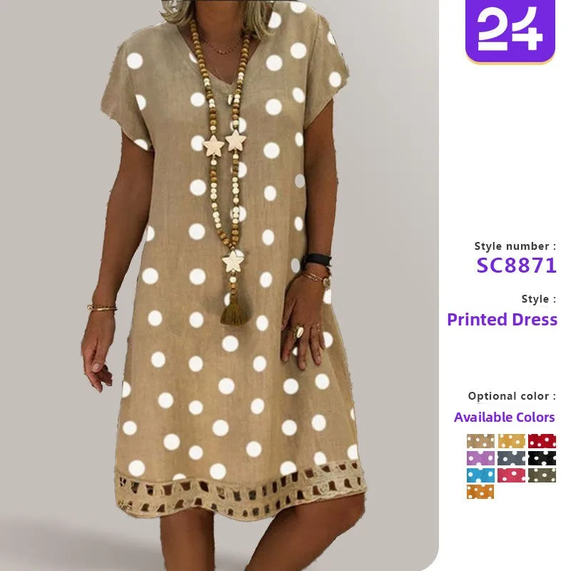 Printemps été à pois V Ne ort Sve imprimé Midi Dr Princ Sle Faionable trajet vent fibre de Polyester