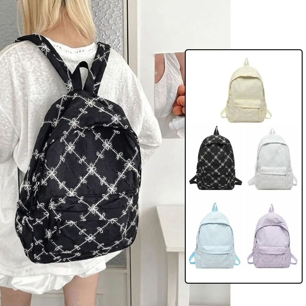 Sweet Sweet Bow Backpack Minimalist Multi Pocket Nylon Rucksack Durable Solid Color Student School Bag Outdoor Use