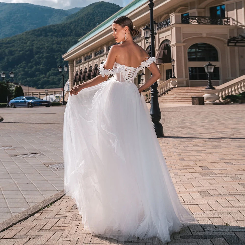 

Ivory Off Shoulder Wedding Dresses for Women Strapless Bridal Gowns with Applique Soft Tulle Empire Vestido De Novia Summer