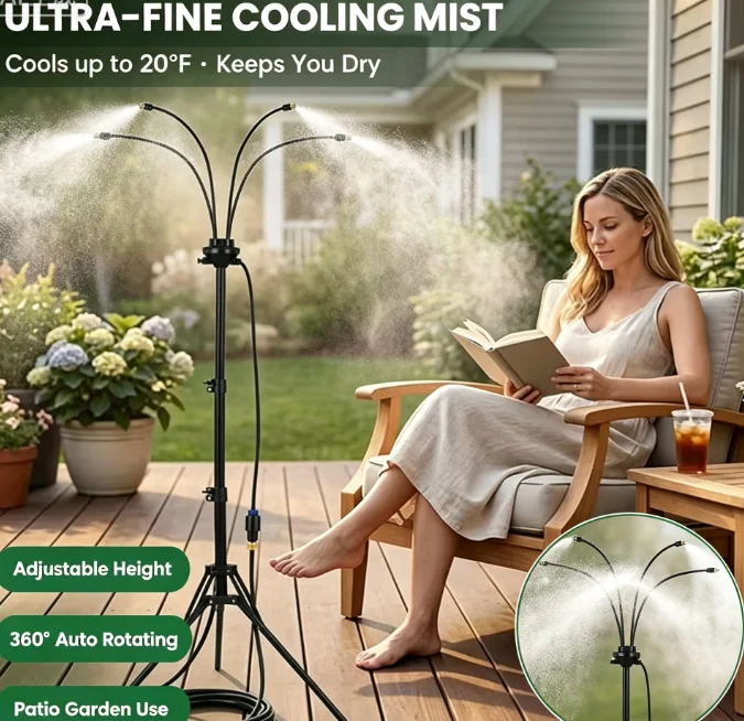 Standing Mister for Patio Adjustable Height 360° Auto Rotating Sprayer Ultra-Fine Mist Cooler for Garden Backyard