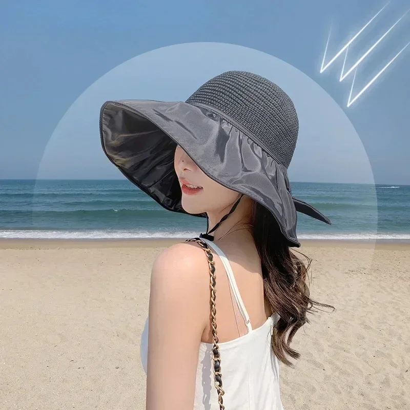 Summer Sun hat women's straw woven anti ultraviolet 2024 with big brim seaside black glue breathable Bucket hat umbrella hat