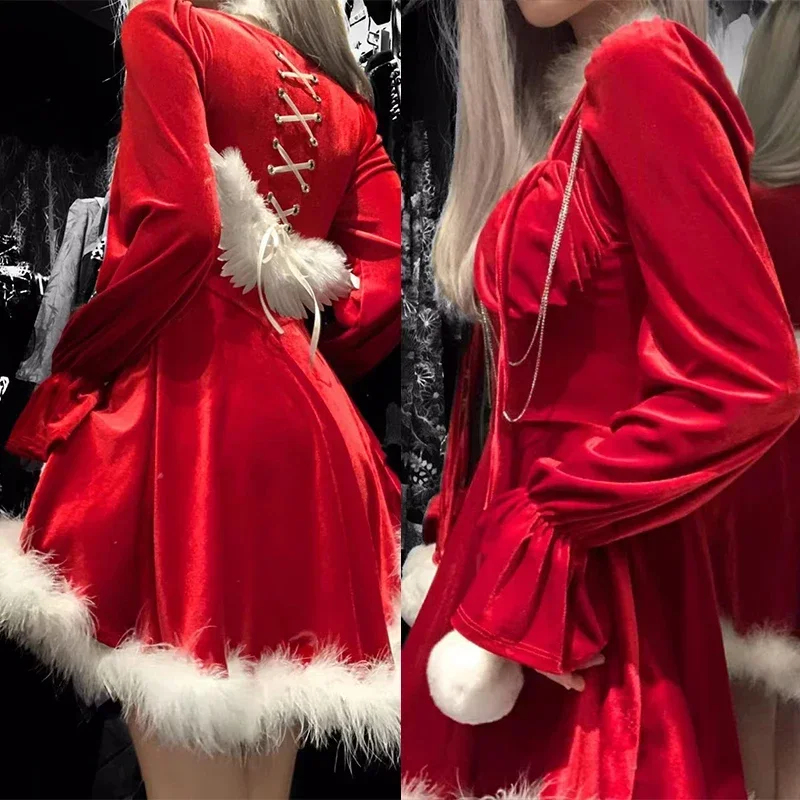 Vestido Punk Lolita de felpa con volantes y retales para niña, vestido con alas de manga larga, cosplay de Ángel de anime, uniforme de Navidad de Papá Noel, envío directo