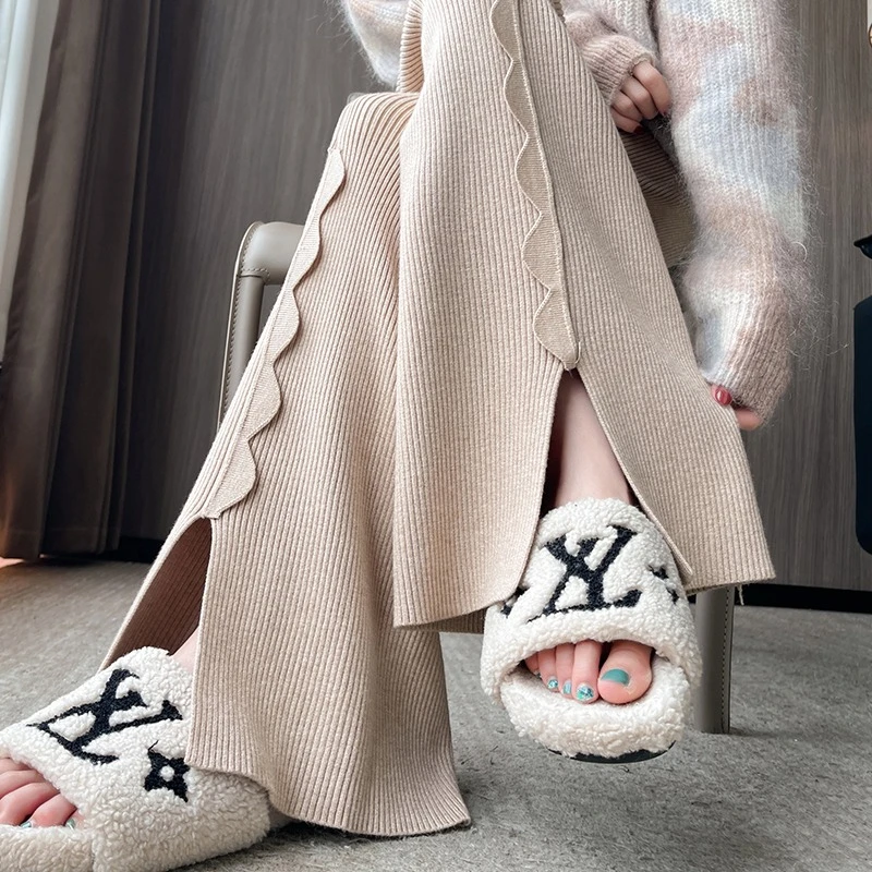 Autumn Winter Thick Split Women Knit Wide Leg Pants High Waist Drawstring Figure Flattering Draped Floor-length Casual Trousers