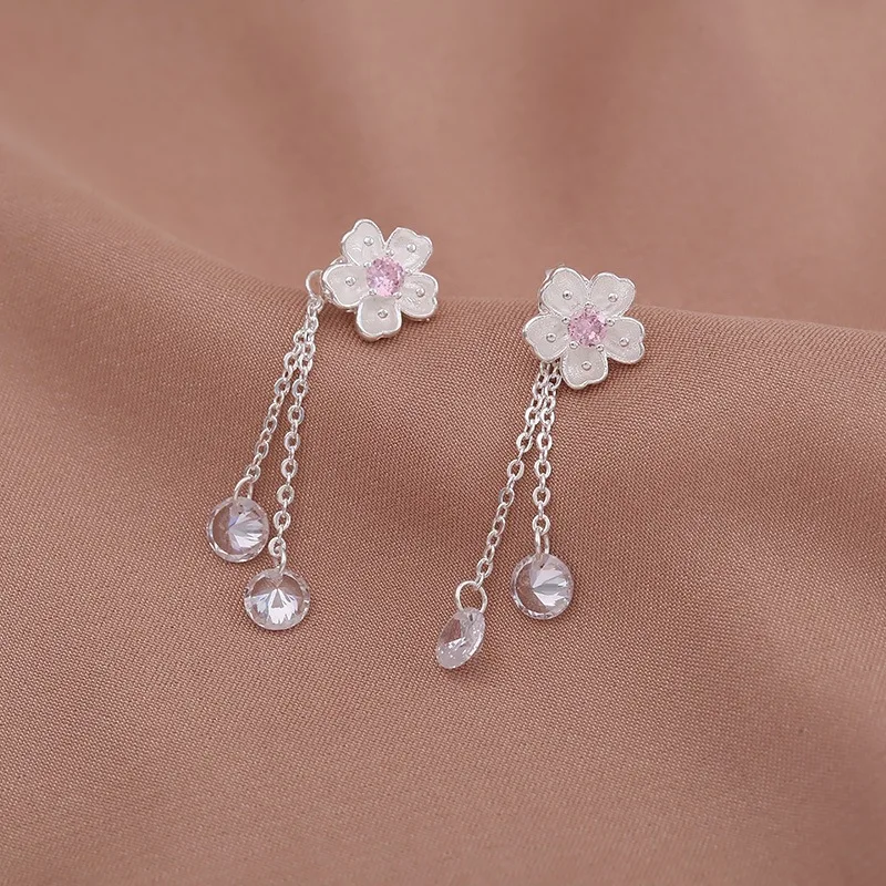

Silver Color Romantic Flower Chain Zircon Pendant Stud Earrings for Charm Women Fashion Jewelry Plant Accessories