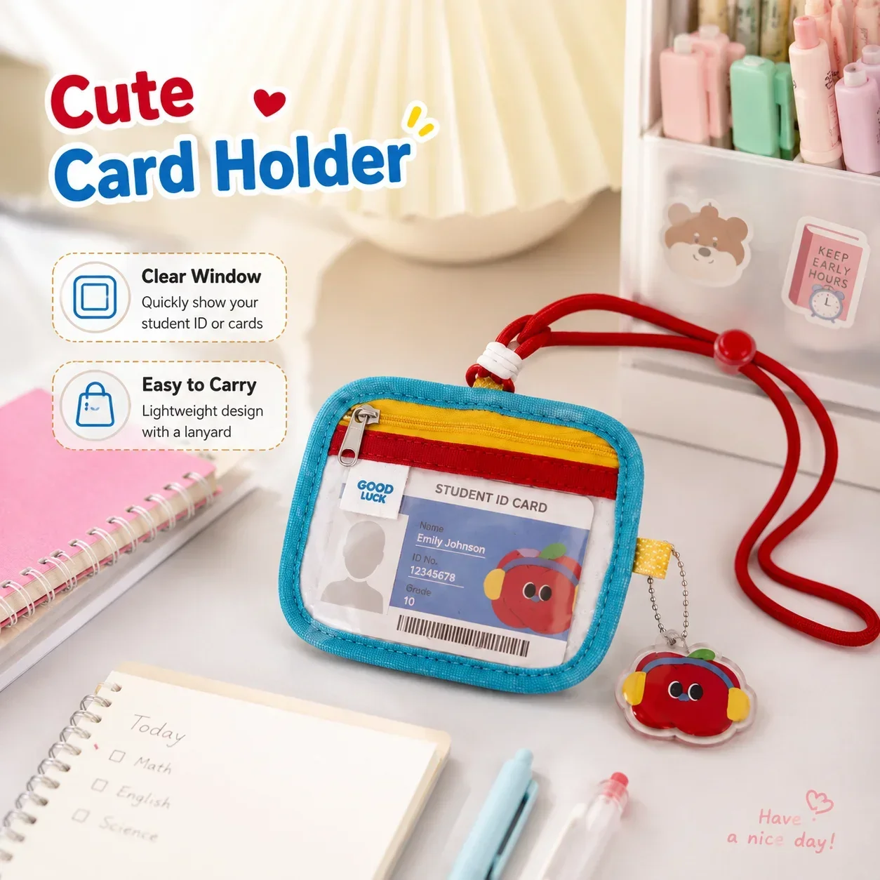 Dopamine Style ID Card Holder, Lanyard Badge Pouch with Cute Decor, Student School Card Case with Neck Strap