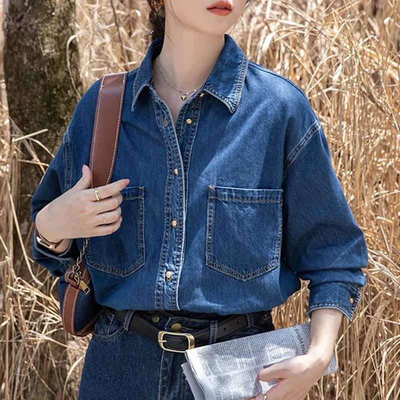 Denim Shirt Women Spring Autumn Single Breasted Tops Retro Long Sleeve Casual Fashion Shirt New