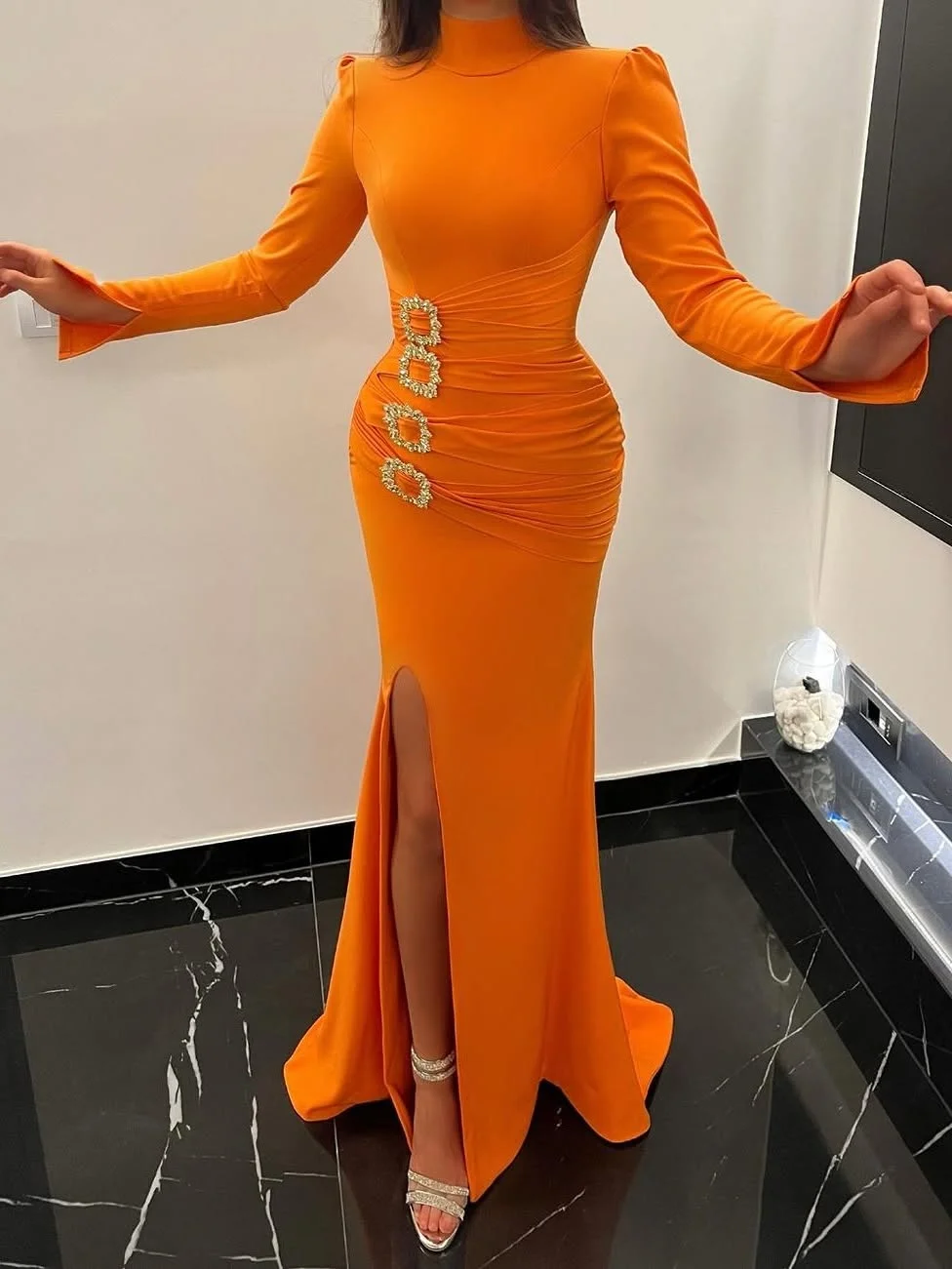 Customized Exquisite Jersey Straight Crystal Evening Dresses High Neckline Long Sleeves Panel Train Bespoke Occasion G