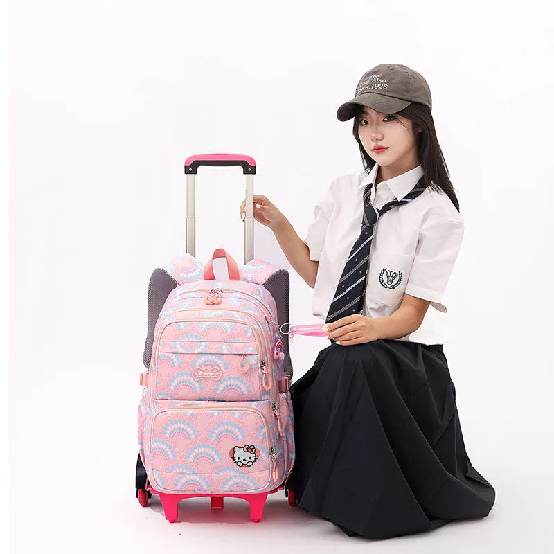 Sanrioed Rolling School Bags for Girls Children Waterproof Kuromi Backpacks with Wheels Middle School Trolley Luggage Back Pack