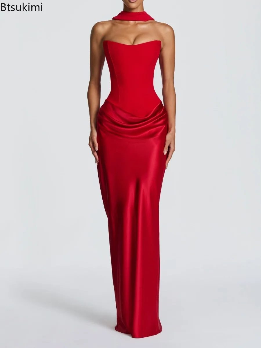 2026 Damen Satin Plissiertes Trägerloses Ärmelloses Sexy Kleid Elegantes Partykleid Rückenfreies Maxi Langes Sommerkleid Vestidos