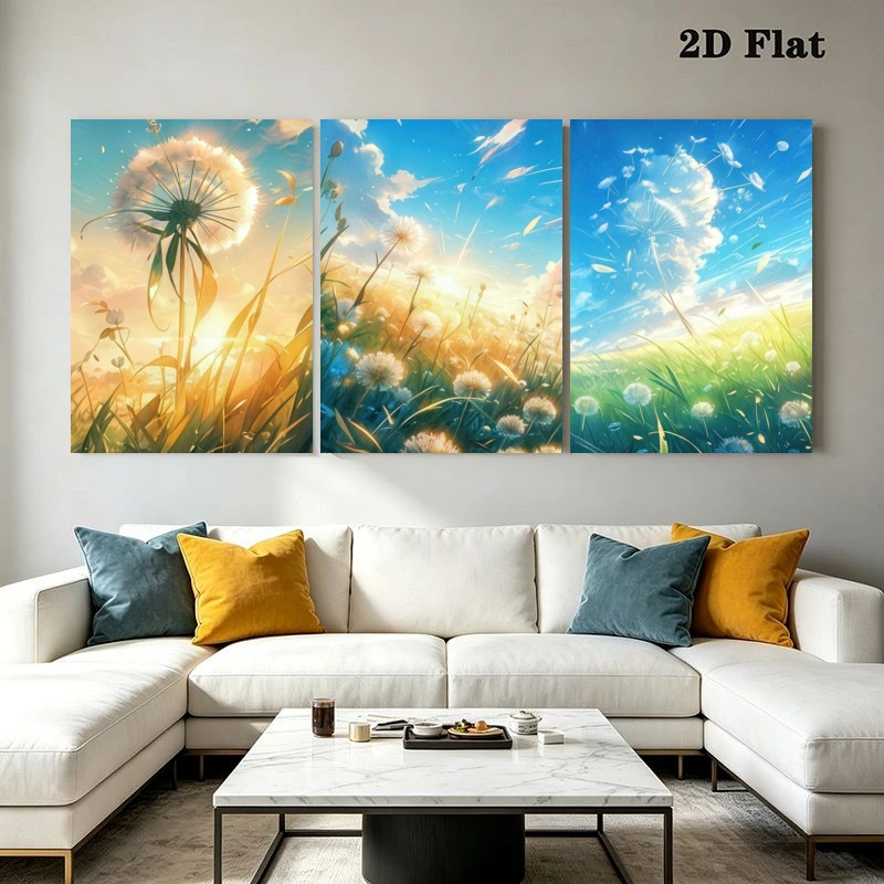 2D Flat, 2D Flat, 3pcs Modern Boho Dandelion Sunshine Wall Art, Frameless No Frame Home Decor for Living Room Bedroom, Ideal