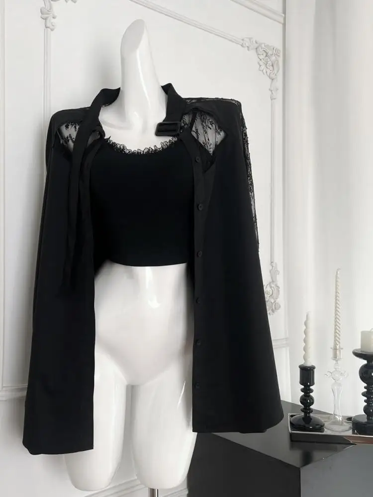 

Women's Black Patchwork Lace Single Breasted Cotton Shirt Spring Autumn Long Sleeve Loose Blouses Office Lady Elegant Tops Trend
