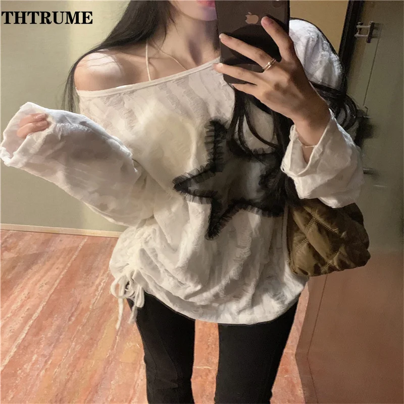 Y2K High Street Sweaters For Women Fashion Oversized Off Shoulder Streetwear Jumpers Casual Vintage Star Print Chic Pullovers