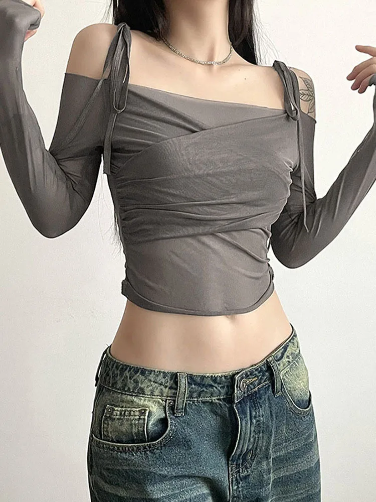 Women's Off-Shoulder Long Sleeve Crop Top Solid Slash Neck Slim Mesh Tee Y2K Streetwear T-Shirt with Straps