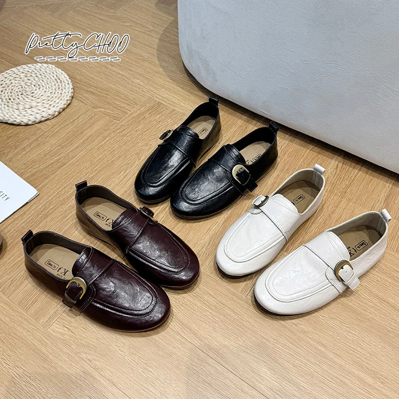 Zapatos Planos de Cuero Blanco con Plantilla Suave para Mujer, Mocasines de Vestir Estilo Británico con Correa de Hebilla y Suela Delgada