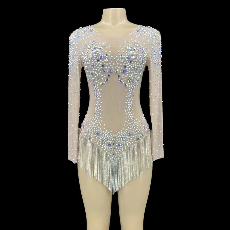 

Sexy Leotard Party Show Stage Wear Sparkly Rhinestone Chains Bodysuit Dance Costume Long Sleeve See Through Nightclub Outfit