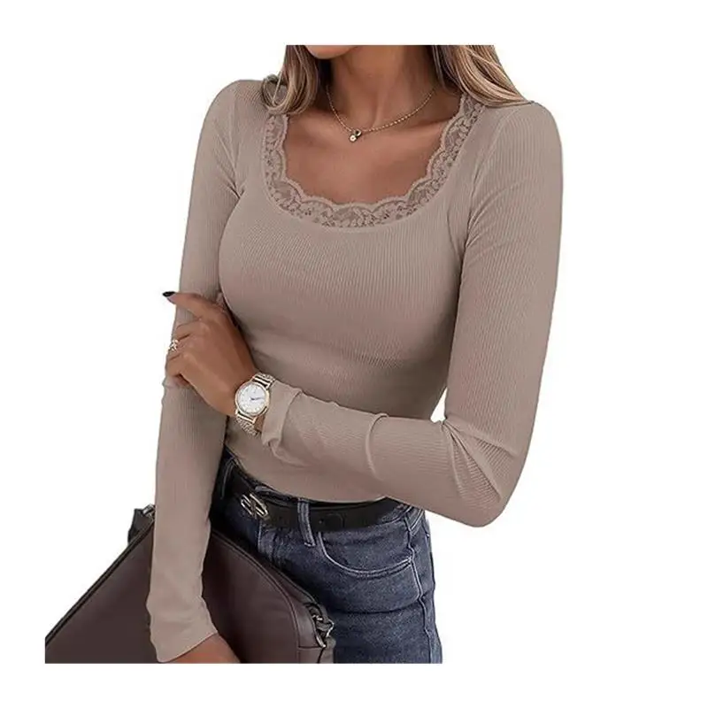 カジュアルなレースのロングスリーブ、ラウンドネックTシャツ、レディースベーシックウェア、ファッショナブルなプラスサイズ、快適で通気性のある春夏トップス