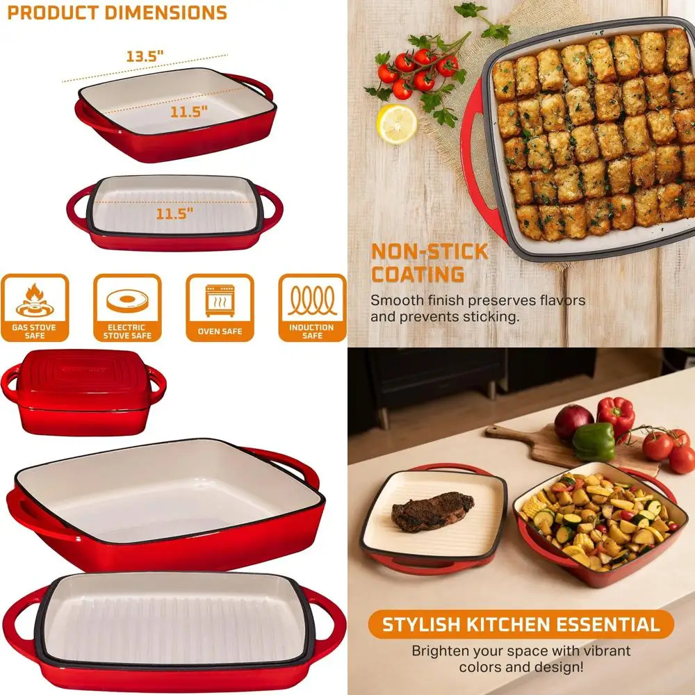 

Красная чугунная жаровня 2-в-1 с двумя ручками и крышкой-гриль для запекания и жарки