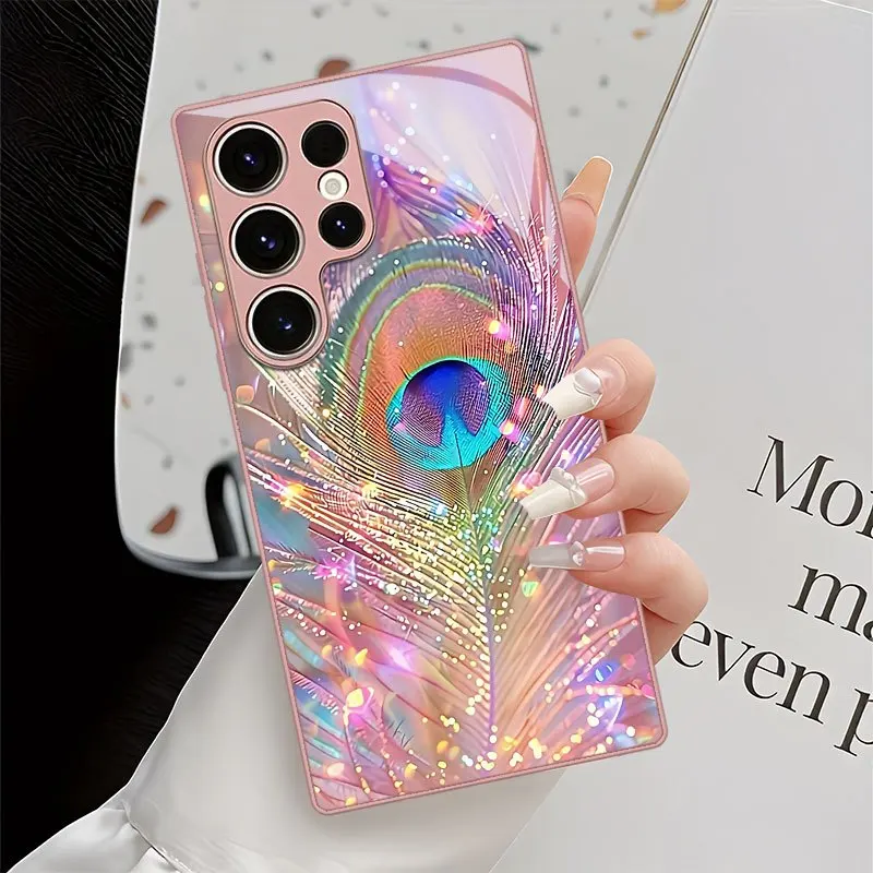 Dreamy Peacock Feather Printed Glass Phone Case Suitable for