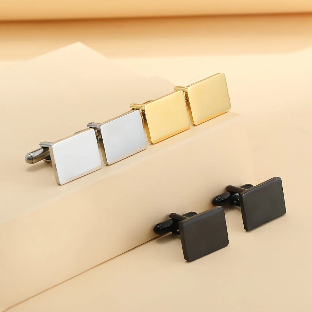 2Pcs/Set Classic High-End Men's Blank Rectangle Stainless Steel Cufflink Gold and Black Primary Colors Oblong Shaped Cuff Button