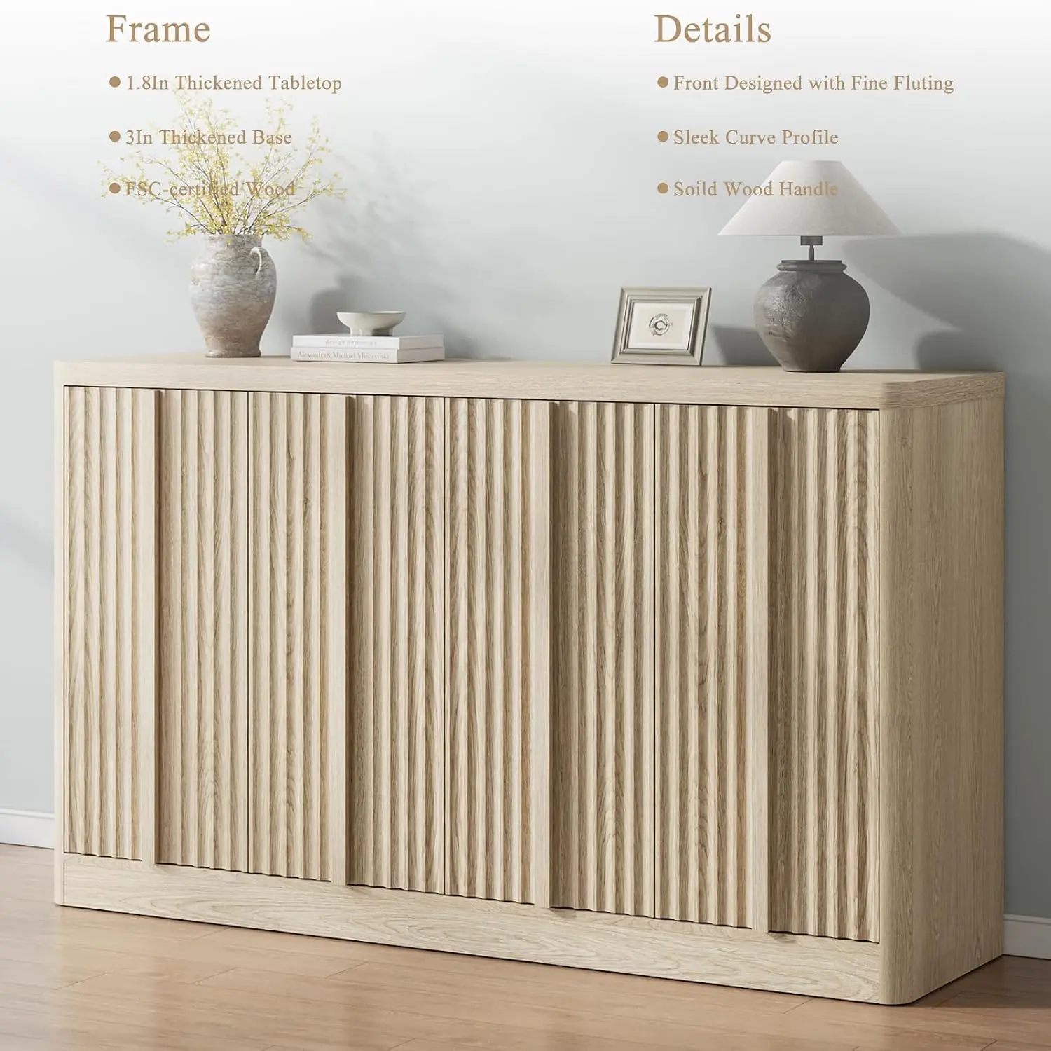 Fluted Sideboard Cabinet 8 Doors Adjustable Shelves, Wood Storage Buffet Kitchen Living Room 120