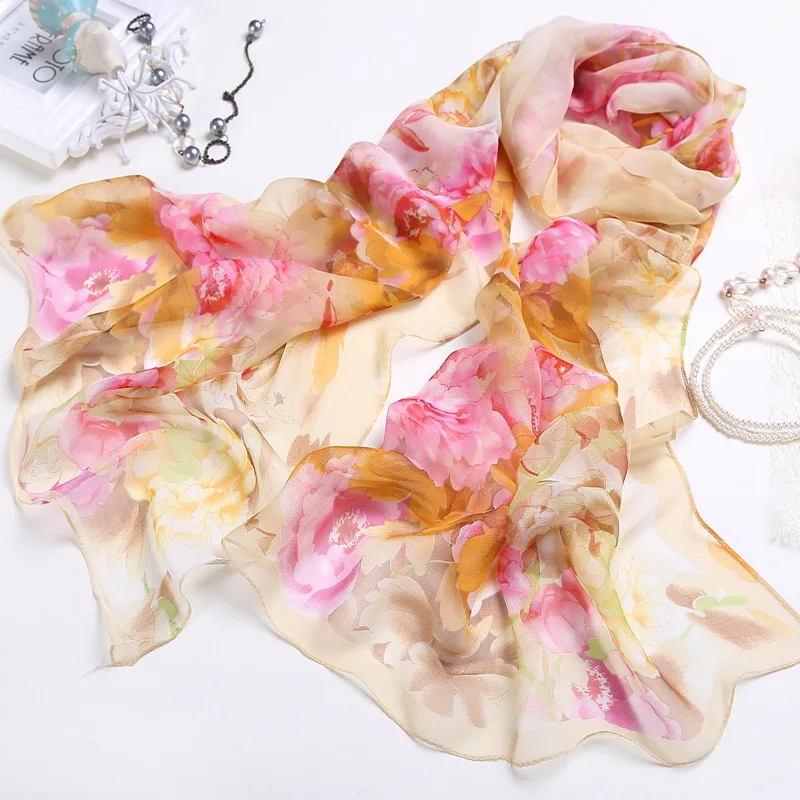 Lenço chiffon com folha de lótus e flor design para as mulheres, longo xale chiffon, elegante hijab para a praia, verão