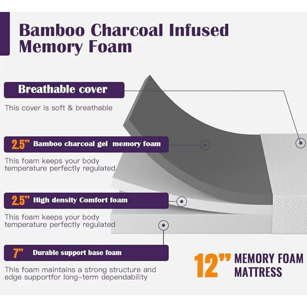 Matelas en mousse à mémoire de forme, 12 pouces, charbon de bambou, gel refroidissant, dans une boîte, moyen-optimiste, sans FiViolet, instituts de pression