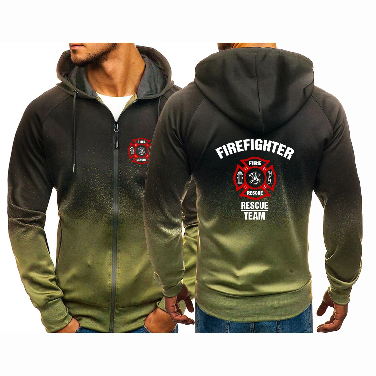 

2025 Spring Autumn Fire Rescue Firefighter Logo Print Popular Zipper Drawstring Hoodies Men's Gradient Color Hooded Jacket Coats