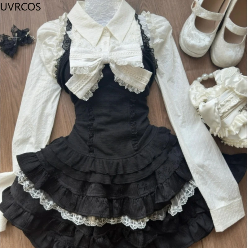 Y2k Aesthetic Lolita Style 3 Piece Set Women Kawaii White Shirt Bow Lace Vest Ruffle Mini Skirts Japan Fashion Gothic Skirt Suit