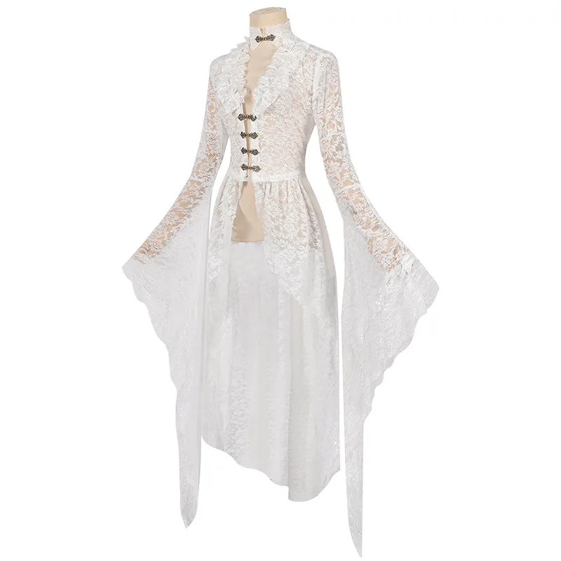 Gothic Women White Vintage Solid Lace Flare Sleeve Medieval Cardigan Cosplay Elegant Long Tail Outwear Victorian Ball Gown