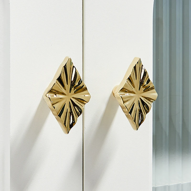 10PCS Solid Brass Diamond-shaped Wavy Furniture Pulls Handles Drawer Knobs Cupboard Wardrobe Closet Dresser Wine Cabinet Pulls