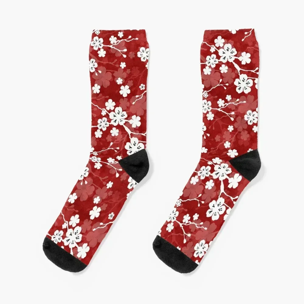 

Red and white cherry blossom pattern Socks custom Soccer snow funny sock Man Socks Women's