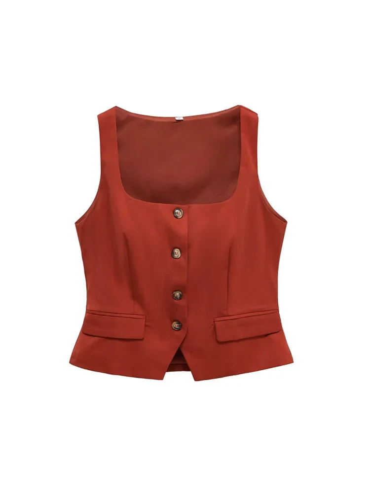 

Women's Sleeveless Waistcoat Front Button Solid Color Square Collar Fashion Vest Tops Chic Female Outerwear