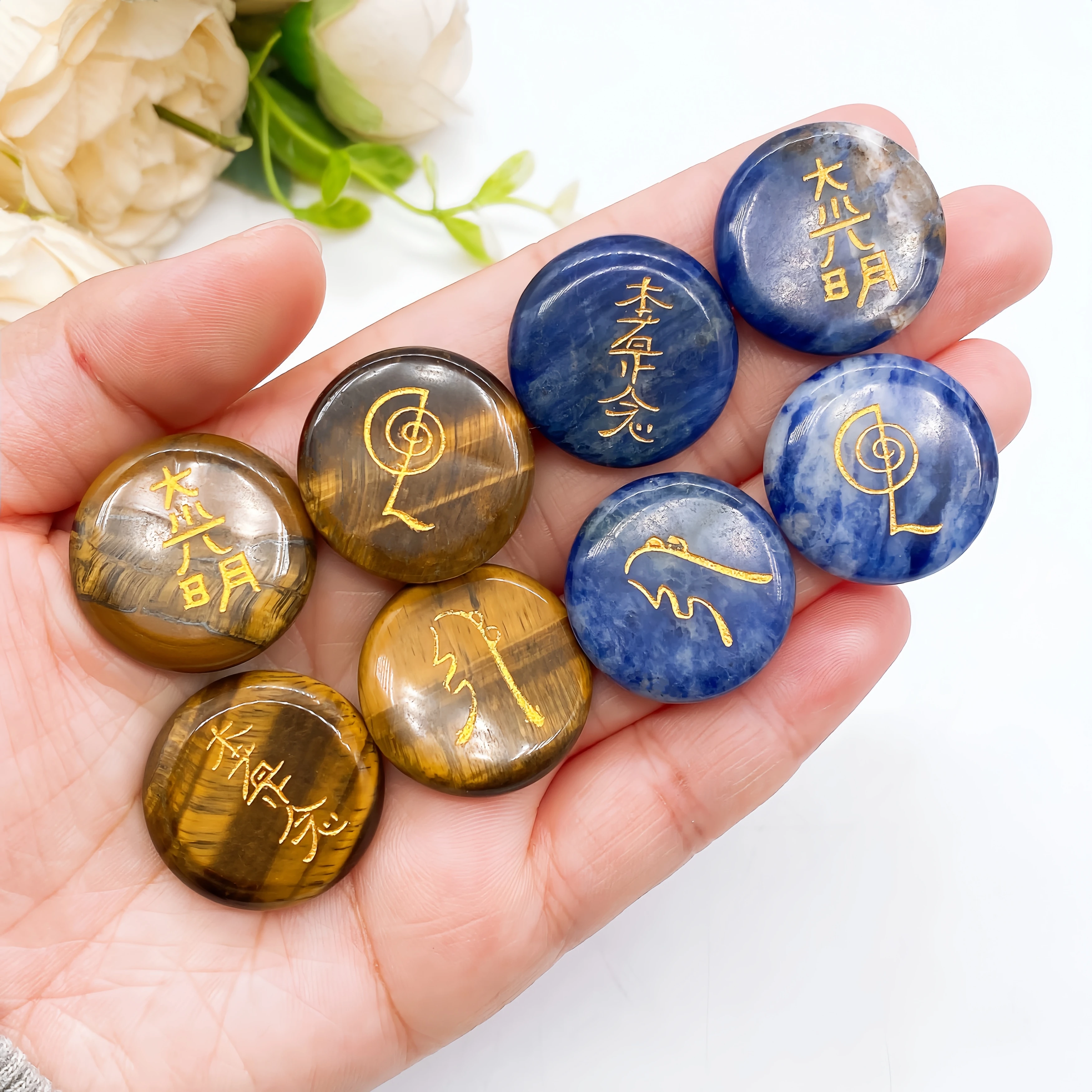 4pcs/set Natural Crystal Amethyst Tiger Eye Stone Quartz Symbol Palm Chakra Reiki Divination Healing  Home Decor Gift