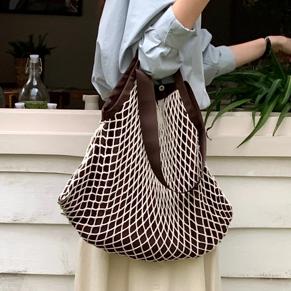 Fashion design stitching design woven Net Bag for women handbag  large capacity casual ladies shoulder bag big totes bolsa