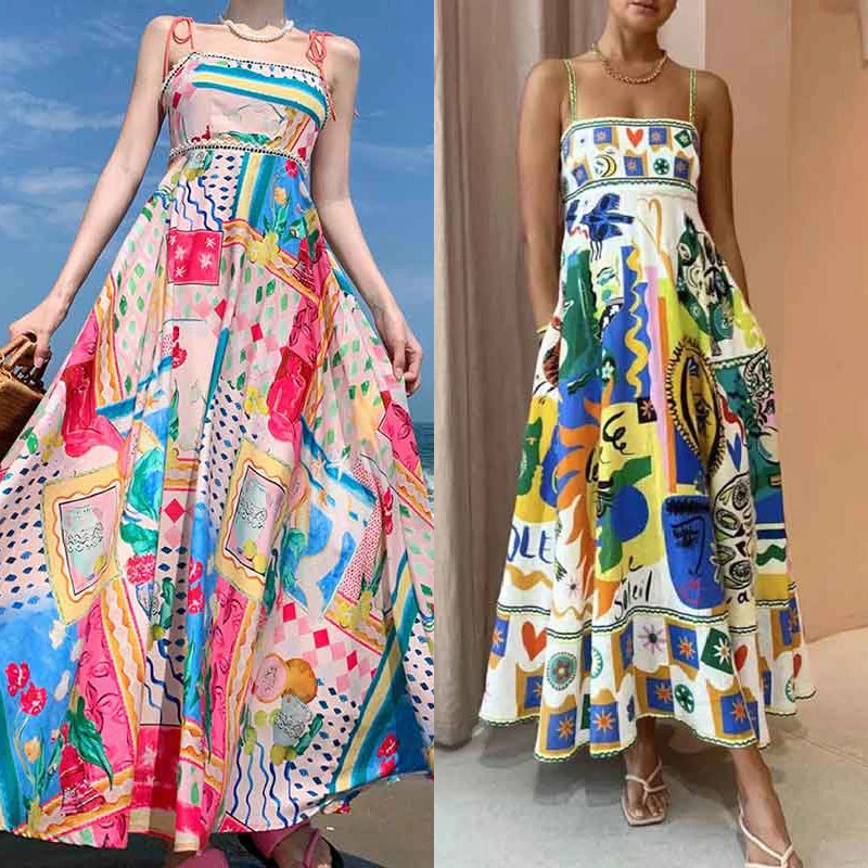 Vestidos Maxi Boho, feminino, sem mangas, férias soltas na praia, cintura alta, balanço em linha A, longo, verão, 2024